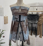 Picts Single-Layer Mesh Yarn Micro-Sleeved T-Shirt Word Shoulder-Pollid Letter Open Fork Top