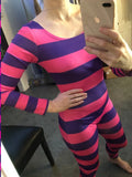 Women's Cheshire Cat Halloween Costume Pink Purple Striped Long Sleeve Jumpsuit Cosplay Outfit Party Club