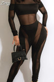 2023 Sexy See Through Mesh Patchwork Jumpsuits Women Long Sleeve Round Neck Skinny Long Rompers Club Streetwear