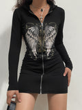 Gothic Grunge Fairycore Wings Printed Graphic Zipper Hooded Bodycon Dress Women Dark Academia Autumn Mini Dresses
