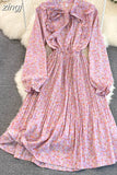 Women Floral Pleated Dress Elegant Bow Collar Flare Long Sleeve High Waist A-Line Ruffle Draped Vestidos Female Robe