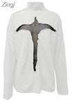 Y2K Women Spring Autumn Hollow Out Sweaters Knitwear Mesh Patchwork Long Sleeve High Neck Ribbed Knitted