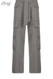 Retro Fashion Y2K Straight Cargo Pants Low Rise Jeans Streetwear Belt Pockets Denim Trousers Fairycore Female