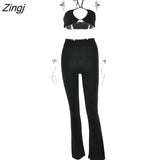 Casual Backless Two Pieces Sets Women Sexy Halter Hollow Out Top Long Flare Pant Suit Party Outfits Strapless