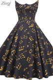 Summer Dress Women Sweet Peter pan Collar Vintage Elegant Music Note Print Slim Sleeveless Party Dresses