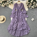 Zingj Sexy Solid Color V-Neck Pleated Flounce Flared Sleeve To The