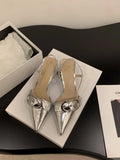 French Silver High-Heeled Shoes Bag Head Sandals 2025 New Spring And Summer Korean Style Temperament Pointy Single