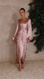 Zingj Summer Sexy Big V-Neck Waist Waist Lace With Satin Lantern Sleeve
