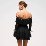 Black Off-Shoulder Lace Sleeve Mini Dress- Outfit