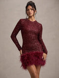 Women's Dress Sexy Dress Long Sleeve Solid Color Sequin Feather Dress Round Collar Woman