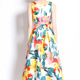 Retro Round Neckless Position Printing Dress Women's Summer Waist Thin Temperament Waist Swing Vest