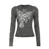 Retro Personality Hole-Breaking T-Shirt Girl 2025 Autumn Ins Print Collar Long-Sleeved