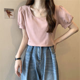 Zingj Sleeve T Shirt Female Summer 2024 New French Design Sense Low Round Collar Slim Thin Short Sleeve Student
