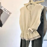 Autumn 2025 New Lace Side Splicing Knitted Shirt Soft-Caught Belt Belt Belt Short
