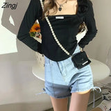Sleeve T-shirts Women New Arrive Design Cropped Autumn Sexy Square Collar Solid Simple Inside All Match Ulzzang Daily