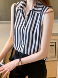 and White Striped Woman Shirts Summer Tank Top Blouse for Women Sleeveless Blouses Chiffon Ladies Tops OL Female