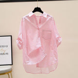 Pink Striped Shirt 2025 Summer New Women's Art Small Fresh Bat Sleeve Single Pocket Collar