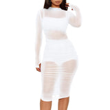 Women Solid Mesh See Through Design Ruched Lining Dress Stretch Sexy Clubwear Black Night Out Bodycon