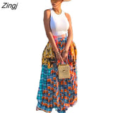 Women Long Maxi Skirts High Waist Patchwork Loose Asymmetrical Plaid Print Loose Big Swing Floor Length Long