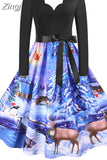 Dress Women Casual Vintage Patchwork Party New Year Santa Print Robe 50S 60S Rockabilly Swing Elegant Winter