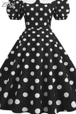 Women Summer Dress Puff Short Sleeve Polka Dot Peter pan Collar Vintage A-line Midi Long Party Sundress Robe