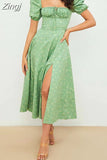 Women Maxi Dress Floral Print Long Dress Summer Puff Sleeve Ruffles Casual Elegant Holiday Party