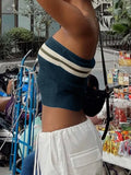 Dark Blue Knit Striped Bandeau Crop