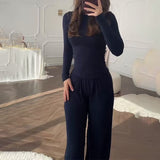 Summer New Women's Round Neck Solid Color Wide Leg Pants Commuting Leisure Suit