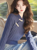 Chinese Style Blue Retro Collared Knitted Bottom Shirt 2025 Autumn And Winter New Chic Long-Sleeved