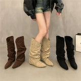Heightening Apricot-Coled Velvet Pile Of Mid-Cvalry Knight Boots Women's Shoes 2025 Spring And Autumn Winter Pointed Retro Long-Singer Long