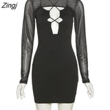 Transparent Hollow Out Women Dresses Long Sleeve Bandage Bodycon Clubwear Fashion Sexy Slim Female Stitching
