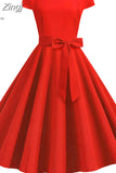 Women Vintage Dress 50S 60S Short Sleeve Casual Elegant Retro Office Party Midi Dress Robe Femme Solid