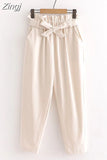 Spring Summer Bow Belt Solid Elastic High Waist Casual Harem Pants Korean Sweet Girls Ankle-Length Cotton Long