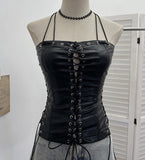 Babes Hollow Strapped Braped Pu Skin Top Female Tight Sexy Short Hanging Neck Vest