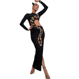Zingj Women's Autumn And Winter Hot Girl Show Waist High Slit Long Sleeves Sexy Snake Print Long Skirt