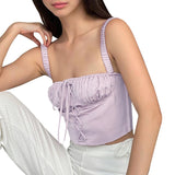 Ruched Lace Up Backless Camisole Tops For Women Elastic Sleeveless Front Cross Summer Slim Sexy Girl Cropped Top
