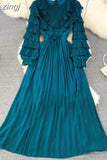 Vintage Women Pleated Party Long Dress Elegant Round Neck Lantern Sleeve High Waist Ruffle Draped Maxi Vestidos