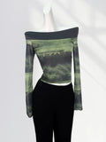 Zingj Single Double One Word Shoulder Hot Girl Jacket Chic Beautiful Small Shirt Green Dizzy Dye Horn Sleeve Mesh Long Sleeve