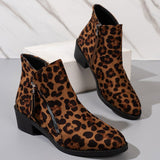 New Velvet Female Boots Martin Boots Coarse Heel Side Zipper With Leopard-Print Short
