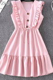 Women Summer Fashion Solid V Neck Ruffles Sleeve Elegant Party Dresses Vintage Beach Sundress Streetwear