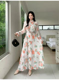 2025 New Long-Sleeved Heavyweight Bow Long Print Chiffon Sweet Dress Seaside