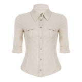 Waste Wind Single Buckle Shirt Women Retro Waist Thin Set New Double Pocket Sleeve