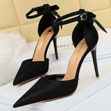 Shoes Sequin Cloth Women Sandals High Heels Bow Sandals 2022 New Summer Sandals Women Pointed Toe Ladies Heeled