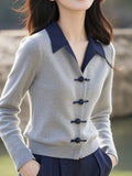Chinese Style Gray Polo Collar Knitted Shirt Autumn Women 2025 New Small Small Small