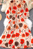 Women Flower Printed Midi Dress Spring Autumn Elegant V-Neck Slim Vestidos Casual High Waist A-Line Bohemian Robe