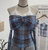 Hanging Neck Shoulder Mesh Yarn Long-Sleeved Top Design Y2k Short Repair T-Shirt