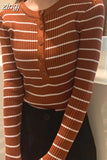 Striped Women Pullover Sweater Fashion Button Long Sleeve Knitted Slim Korean Jumper Causal High Elastic Ladies