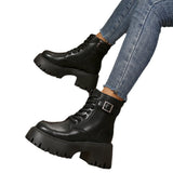 Front With Side Zippered Women's Boots Thick-Bottomed Belt Buckle Fashion Women's Boots Low-Clinular Round Head Black Martin