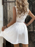 Women White Mini Dress Elegant Lace Dress Female V Neck Sleeveless Short Dress Ladies Hollow Out High Waist Dress