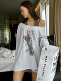 Greek Print Fake Two Collar Bump Color Loose Long-Sleeved T-Shirt Sexy Side-Shoulder Hop Casual